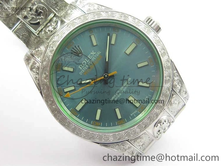 0514 Contemporary Milgauss 116400 904L Engraved SS DJF 11 Best Edition Blue Dial on 904L Engraved SS Bracelet A2836 (Real Green Sapphire Crystal) 3068